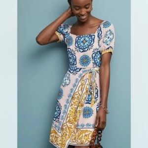 Maeve Pink Dress with Blue and Gold Floral Print